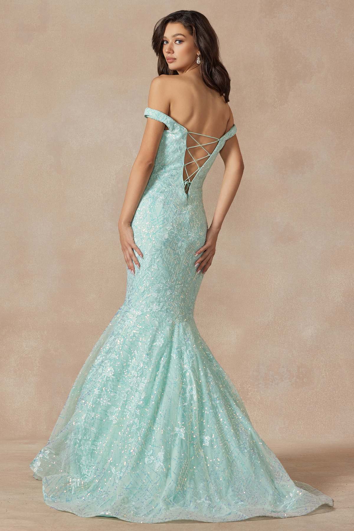 Juliet 2412 Mermaid Gown Plunging Deep V Illusion Neckline Off the Shoulder by DiscountDressShop