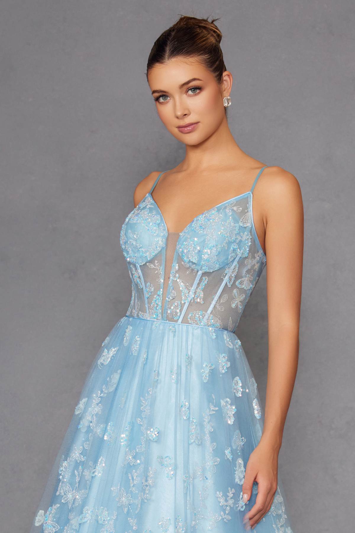 Juliet 2413 Long Butterfly Glitter Embroidered A-Line Gown with Corset Top by DiscountDressShop