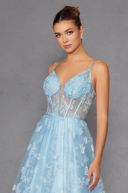 Juliet 2413 Long Butterfly Glitter Embroidered A-Line Gown with Corset Top by DiscountDressShop