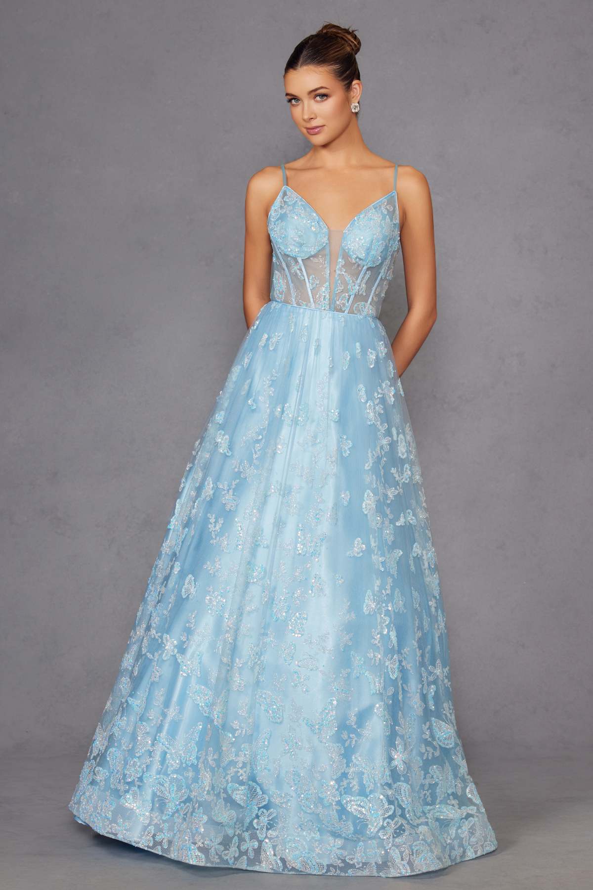 Juliet 2413 Long Butterfly Glitter Embroidered A-Line Gown with Corset Top by DiscountDressShop
