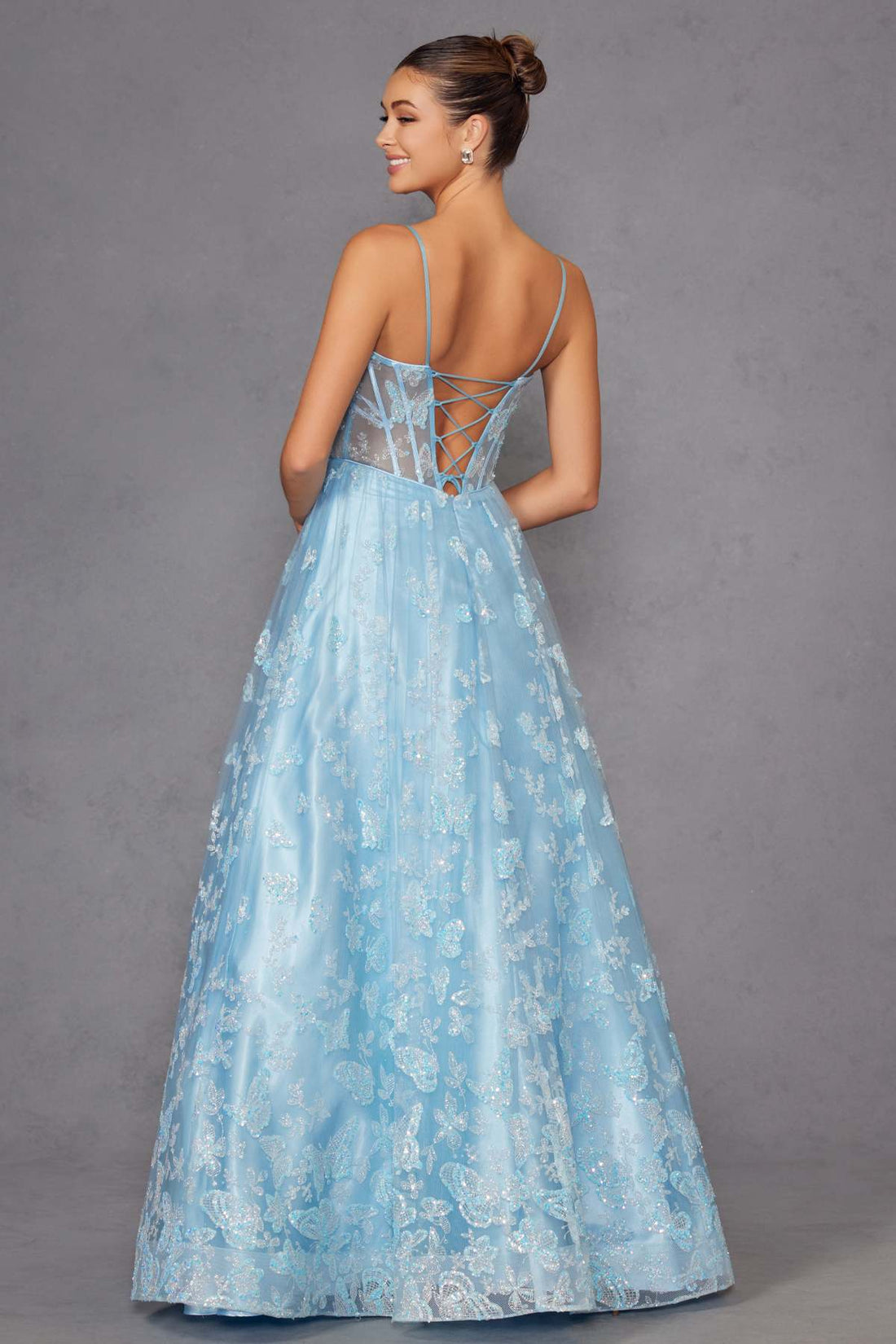Juliet 2413 Long Butterfly Glitter Embroidered A-Line Gown with Corset Top by DiscountDressShop