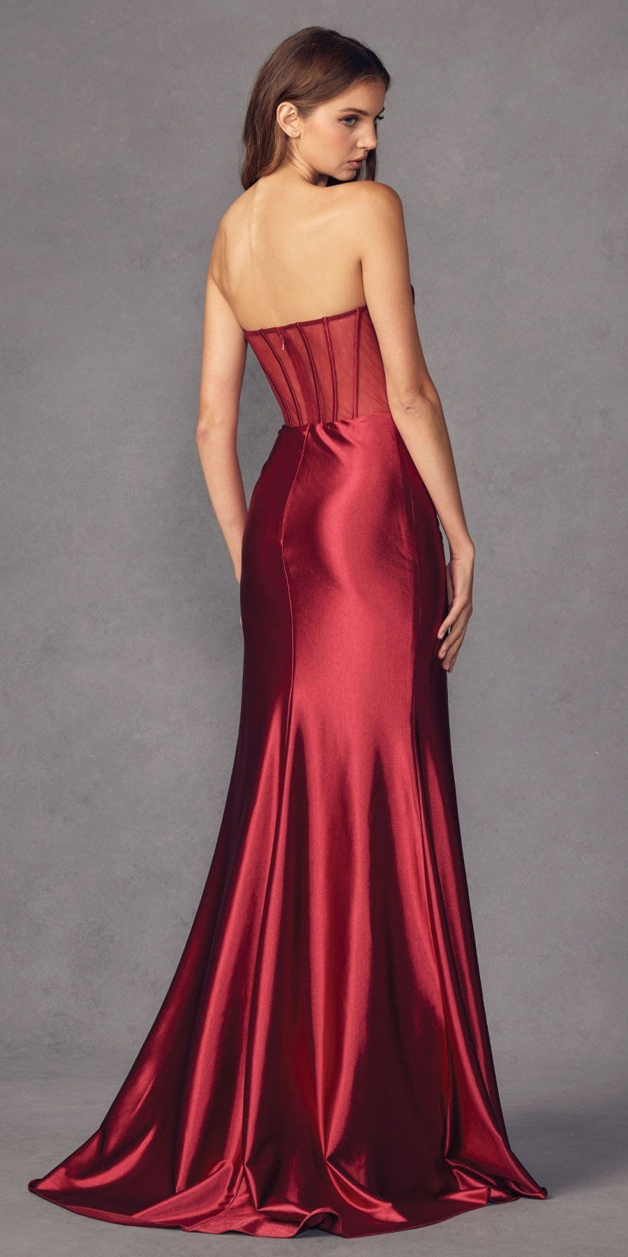 Juliet 2416 Floor Length Strapless Sheer Boned Bodice Slit Satin Dress by DiscountDressShop