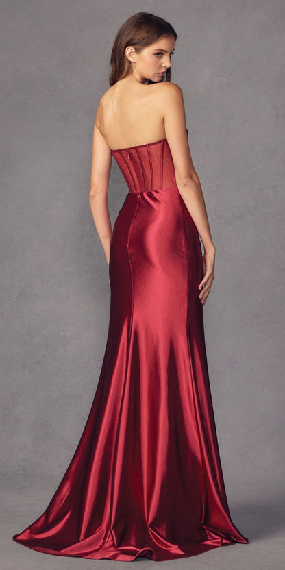 Juliet 2416 Floor Length Strapless Sheer Boned Bodice Slit Satin Dress by DiscountDressShop