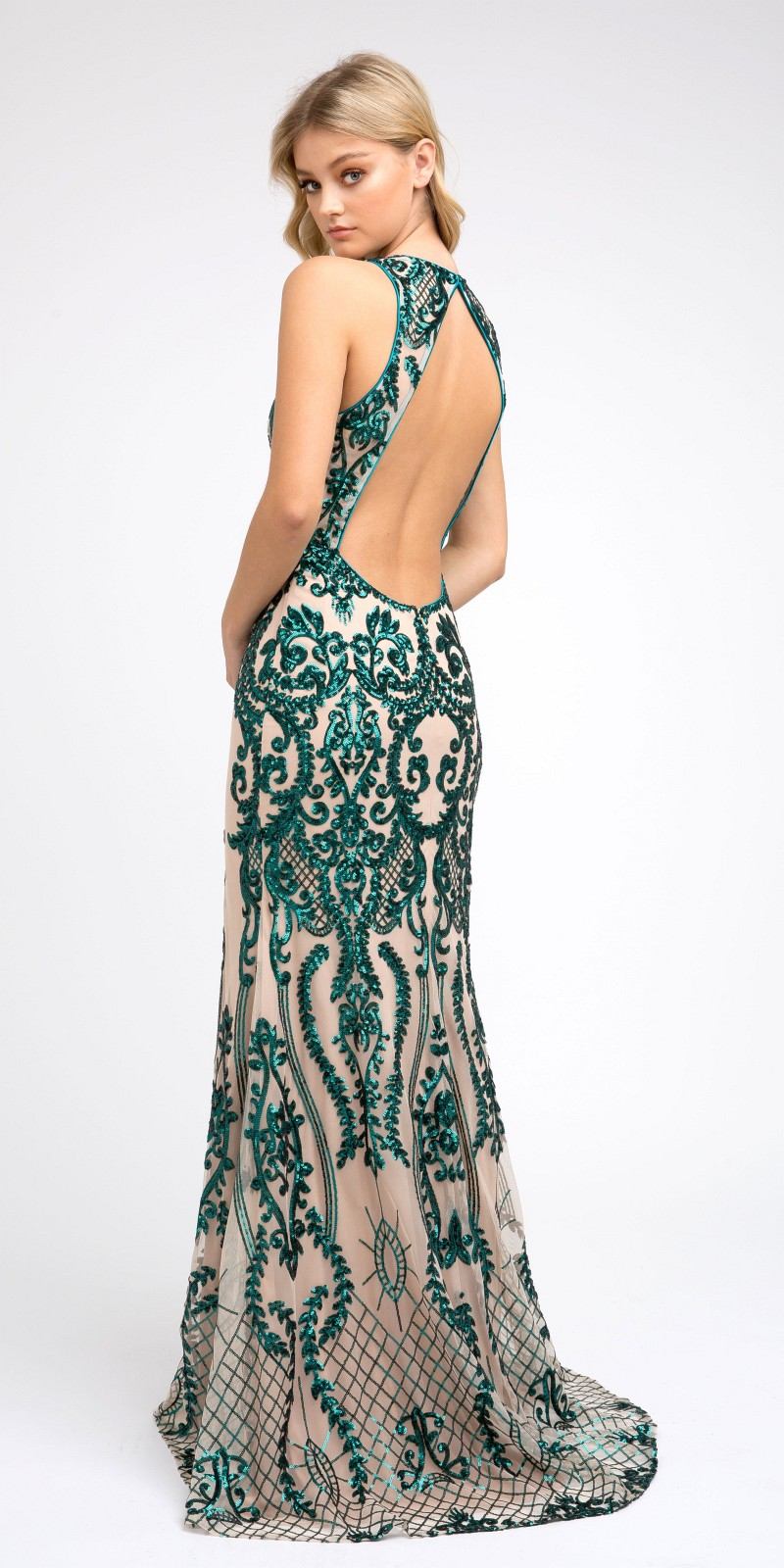 Juliet 243 Sequins Long Evening Dress Cut-Out Back by DiscountDressShop