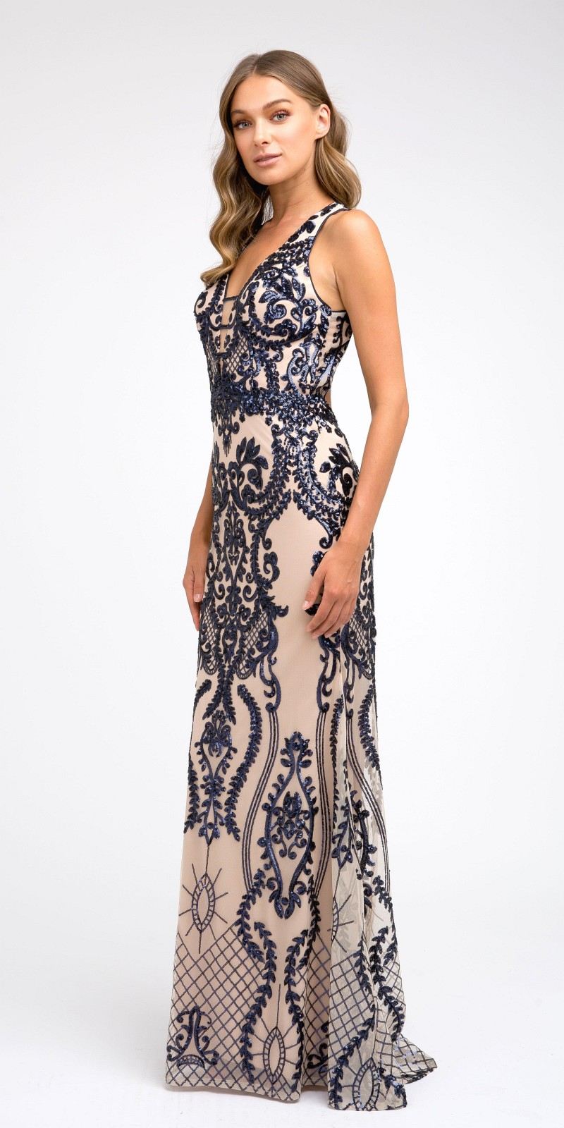 Juliet 243 Sequins Long Evening Dress Cut-Out Back by DiscountDressShop