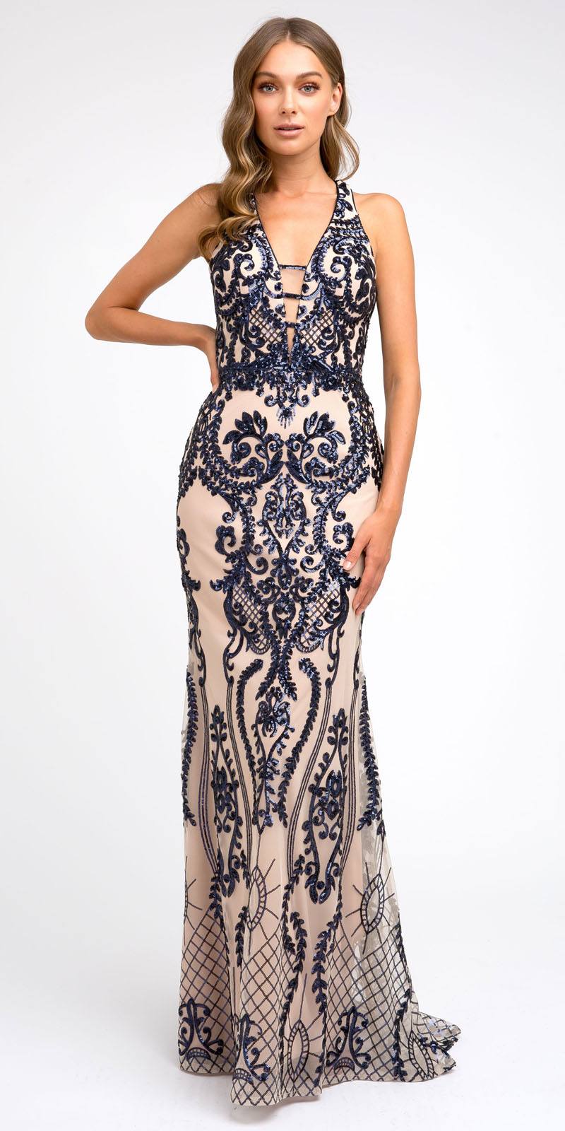 Juliet 243 Sequins Long Evening Dress Cut-Out Back by DiscountDressShop