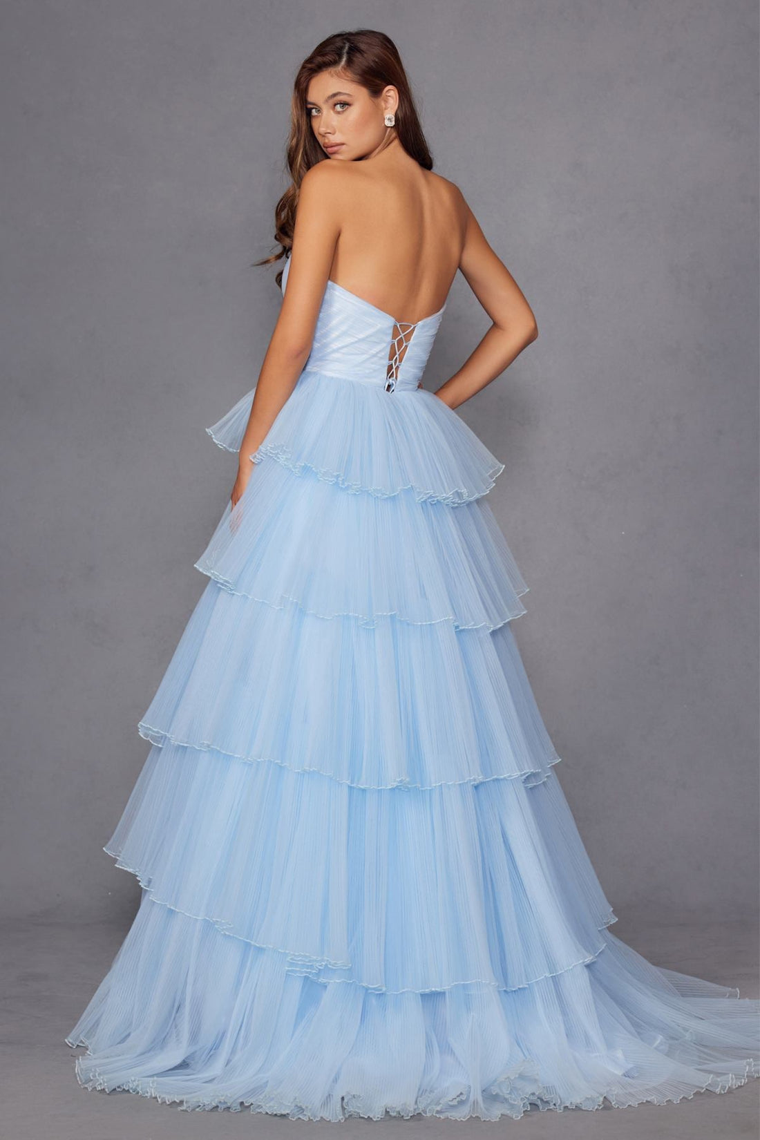 Juliet JT2452K Long Pleated Strapless Tiered Ruffle Tulle A-Line Gown by DiscountDressShop
