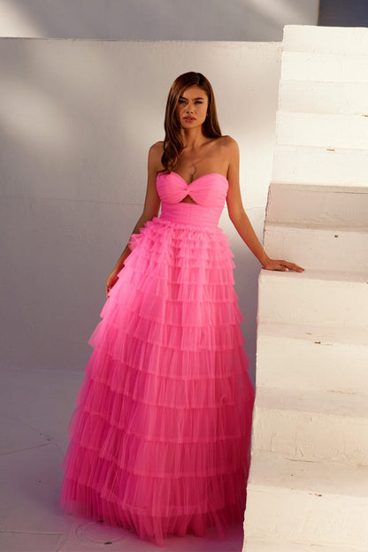 Juliet JT2456H Long Strapless Keyhole Tiered Ruffled Tulle A-Line Gown by DiscountDressShop
