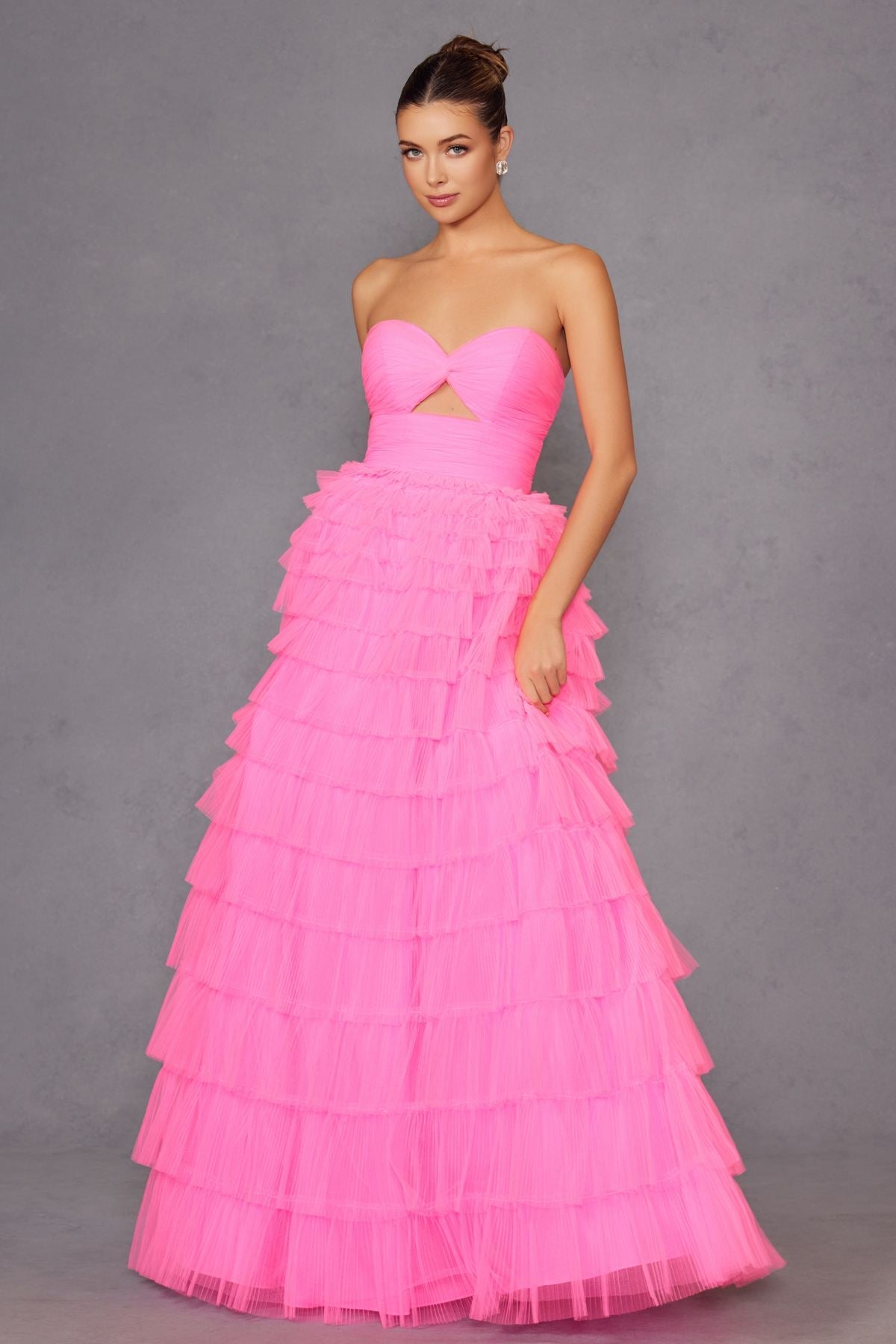 Juliet JT2456H Long Strapless Keyhole Tiered Ruffled Tulle A-Line Gown by DiscountDressShop