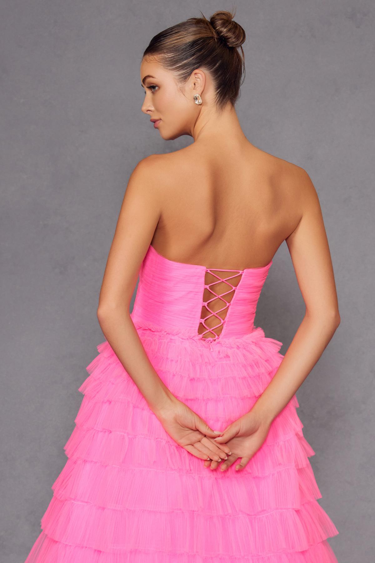 Juliet JT2456H Long Strapless Keyhole Tiered Ruffled Tulle A-Line Gown by DiscountDressShop