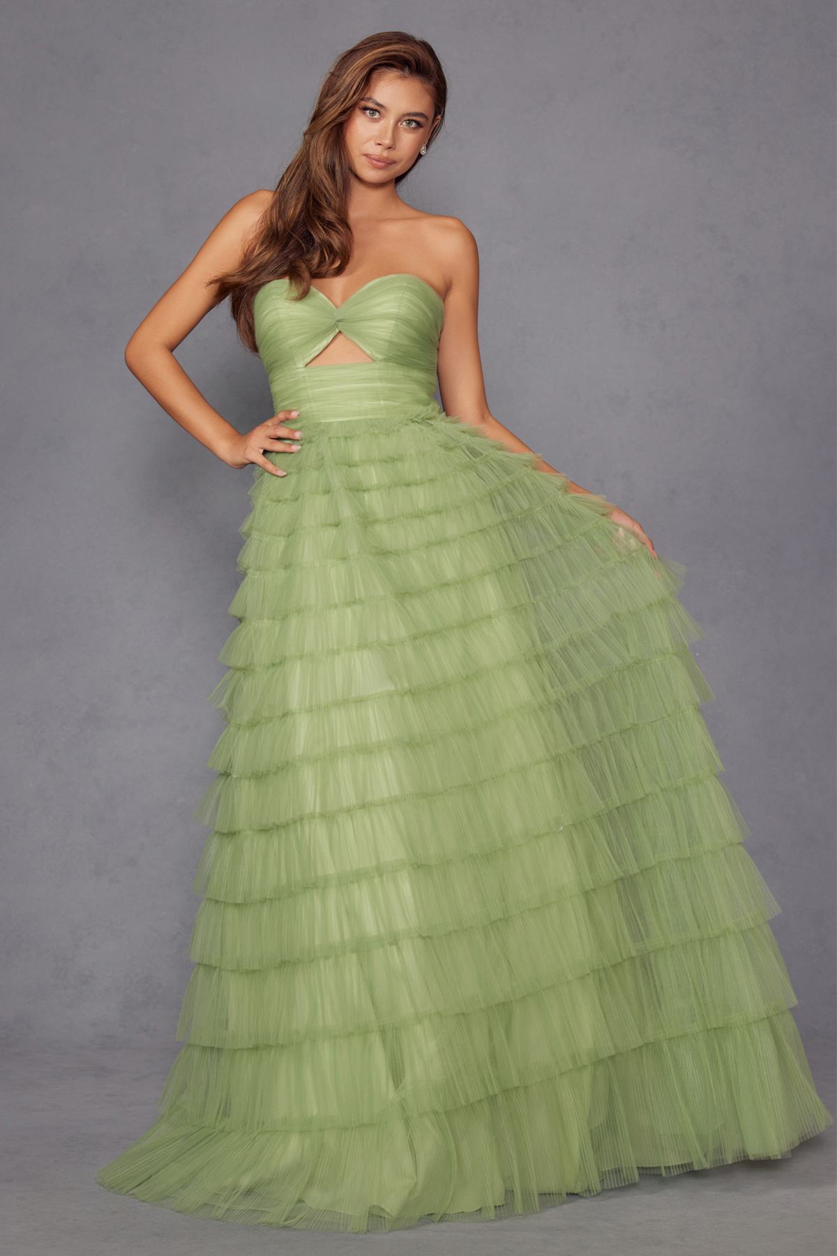 Juliet JT2456H Long Strapless Keyhole Tiered Ruffled Tulle A-Line Gown by DiscountDressShop