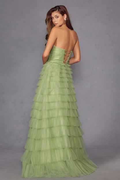 Juliet JT2456H Long Strapless Keyhole Tiered Ruffled Tulle A-Line Gown by DiscountDressShop