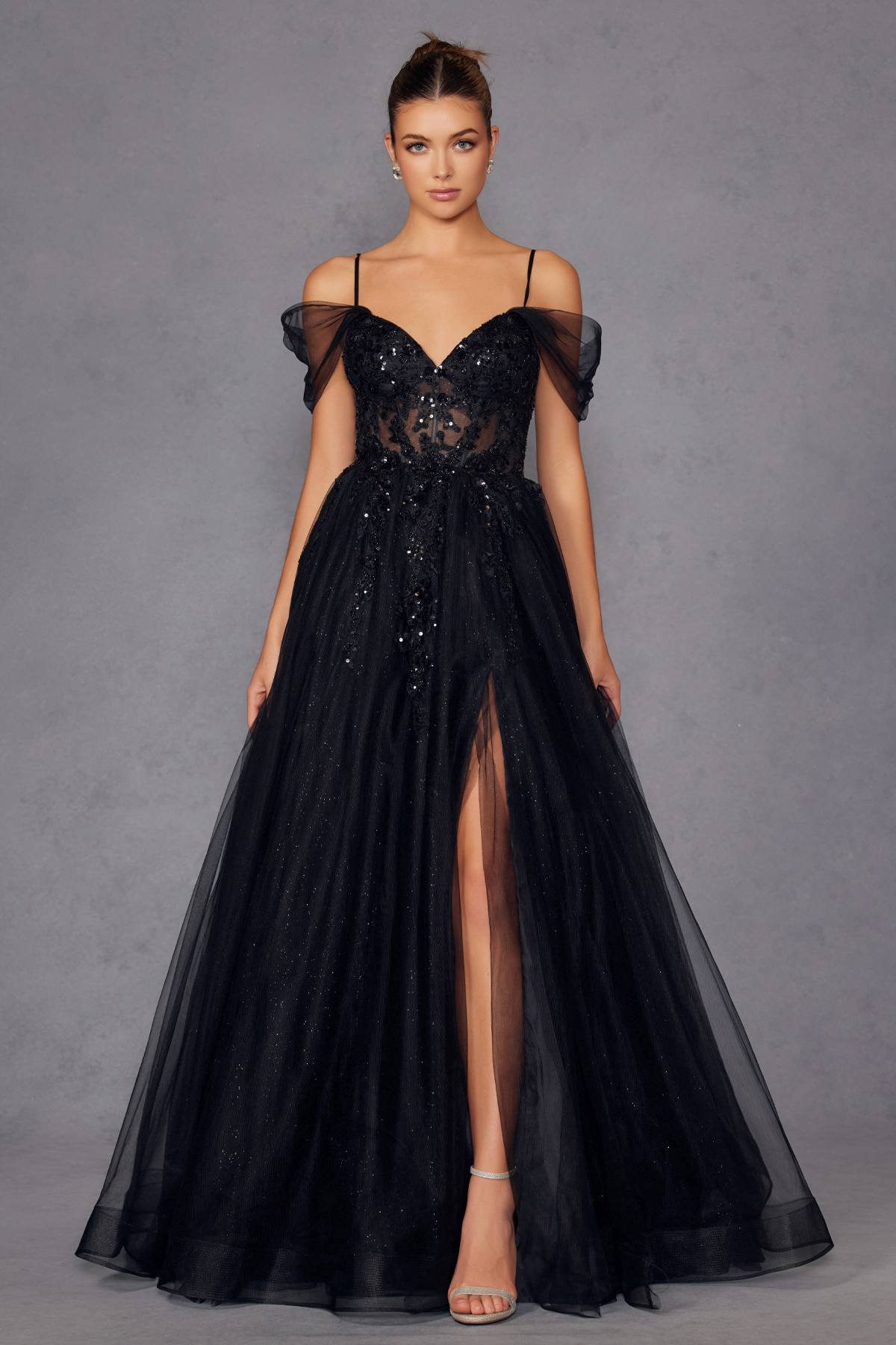 Juliet JT2466A Long Cold Shoulder Sweetheart Corset Bodice A-Line Gown by DiscountDressShop