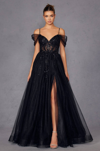 Juliet JT2466A Long Cold Shoulder Sweetheart Corset Bodice A-Line Gown by DiscountDressShop