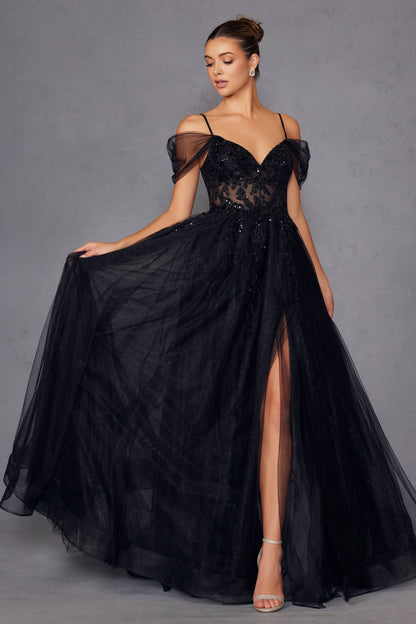 Juliet JT2466A Long Cold Shoulder Sweetheart Corset Bodice A-Line Gown by DiscountDressShop