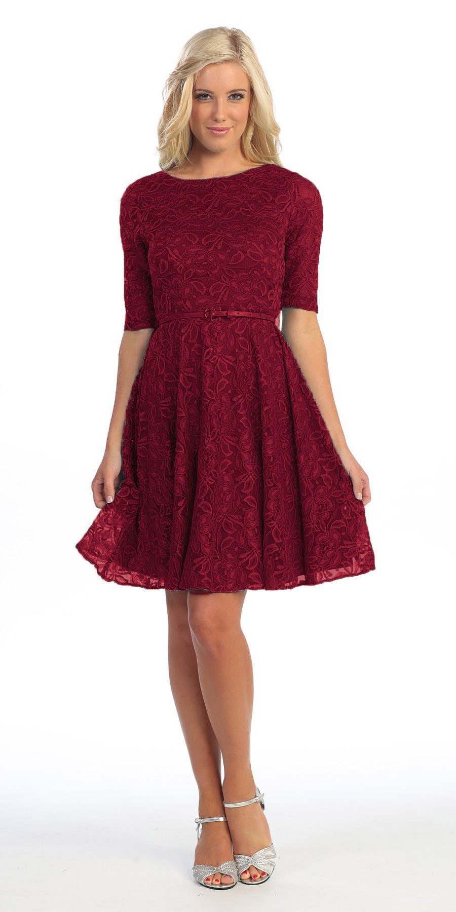 CLEARANCE - Celavie 2367 Burgundy Short Lace Dress Mid Sleeves (Size S) by DiscountDressShop
