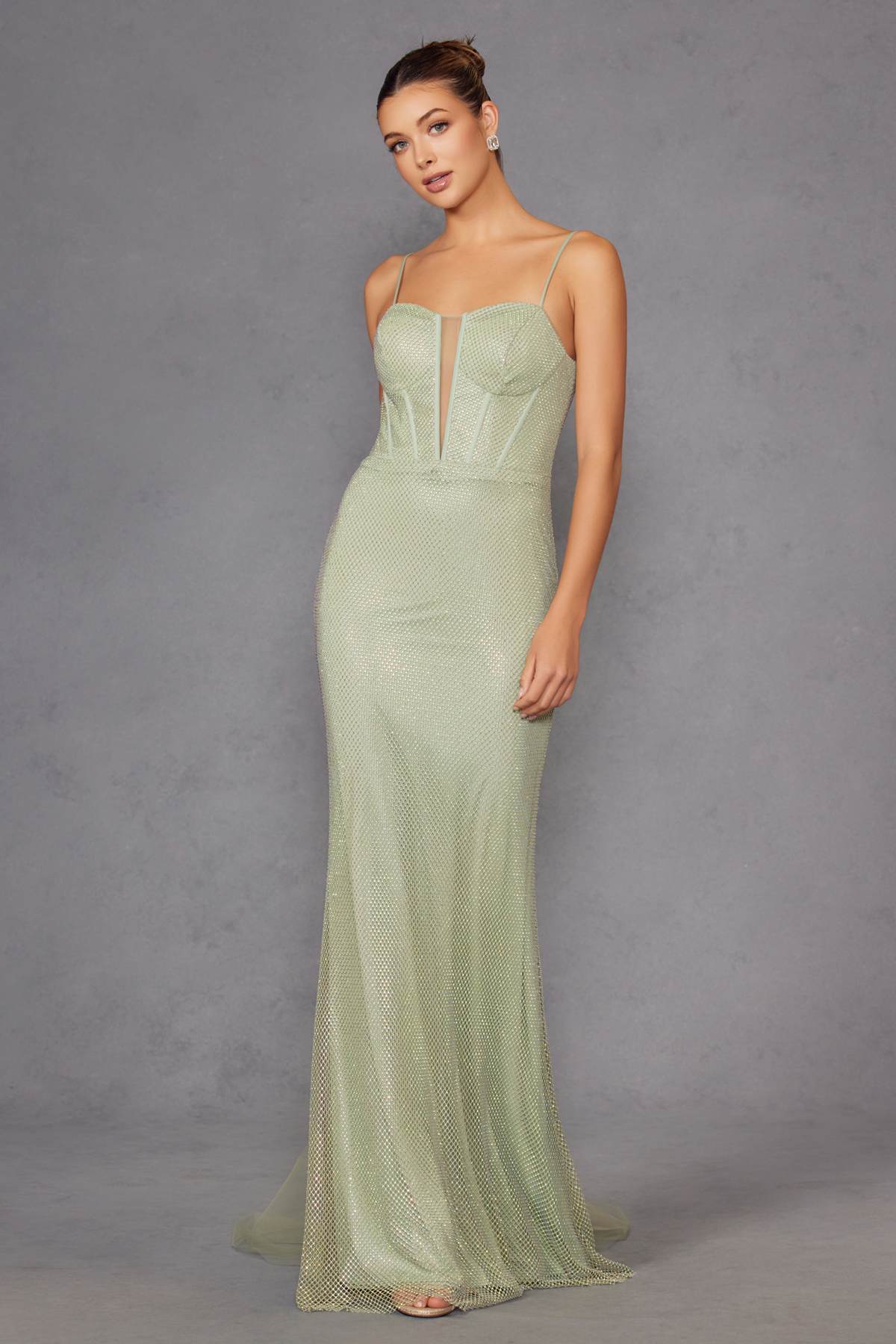Juliet JT2470S Long V-Neck Boned Bodice Fitted Net Mesh Formal Dress by DiscountDressShop