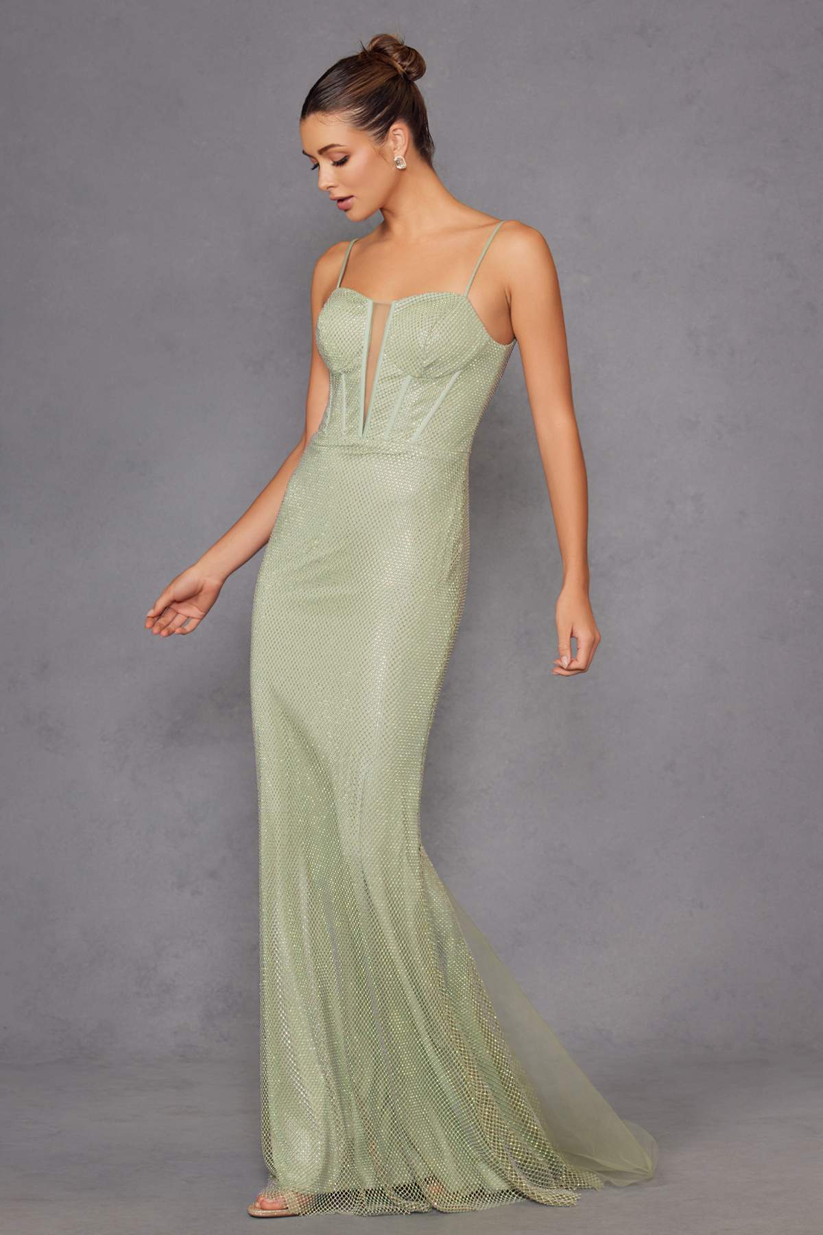 Juliet JT2470S Long V-Neck Boned Bodice Fitted Net Mesh Formal Dress by DiscountDressShop