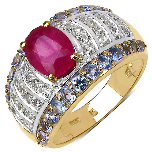 14K Yellow Gold Plated 3.02 Carat Genuine Ruby, Tanzanite &amp; White Topaz .925 Sterling Silver Ring