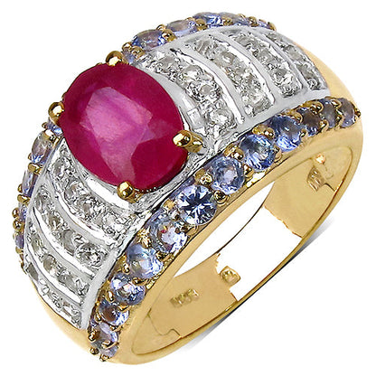 14K Yellow Gold Plated 3.02 Carat Genuine Ruby, Tanzanite &amp; White Topaz .925 Sterling Silver Ring