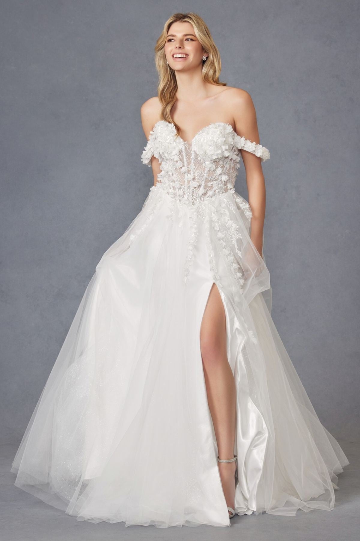 Juliet JT2483KW Dress Off Shoulder 3D Floral Ball Gown by DiscountDressShop