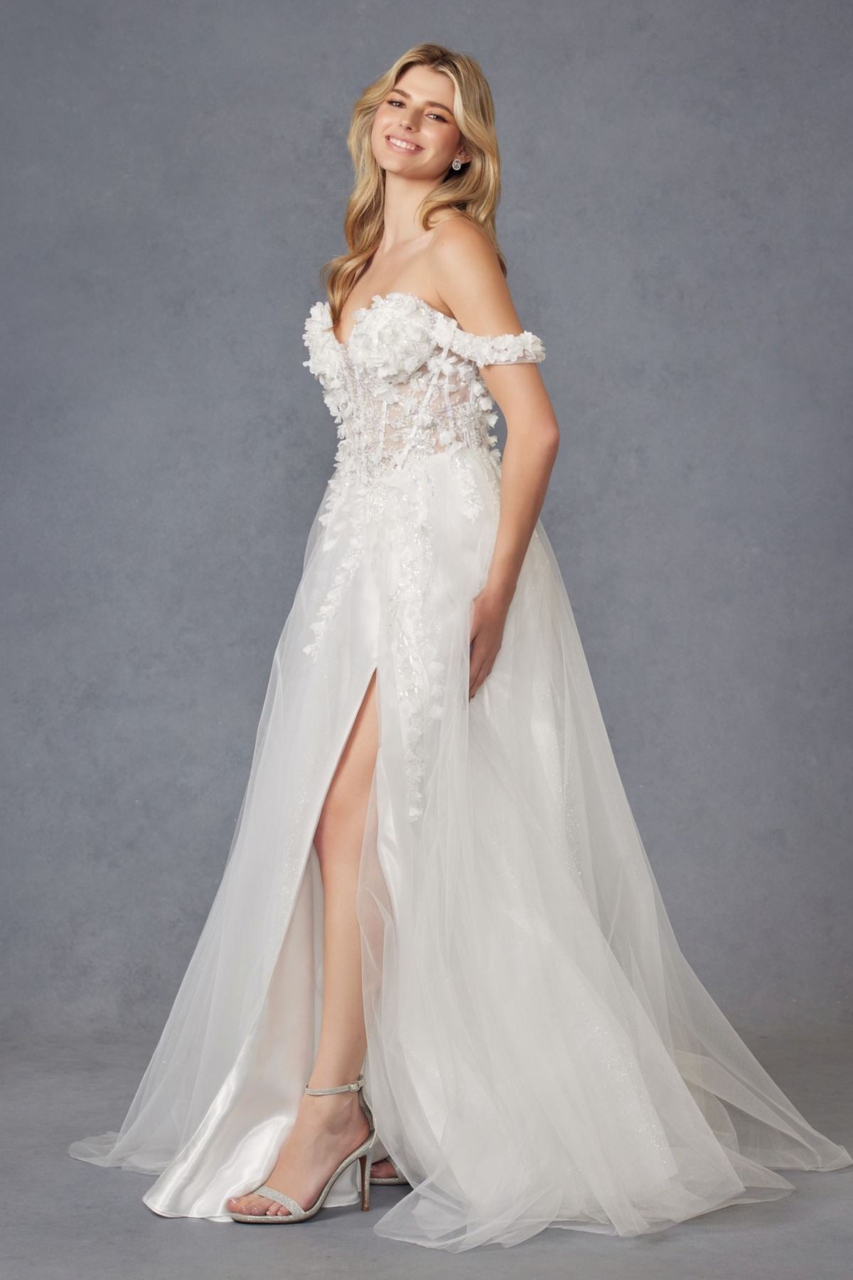 Juliet JT2483KW Dress Off Shoulder 3D Floral Ball Gown by DiscountDressShop