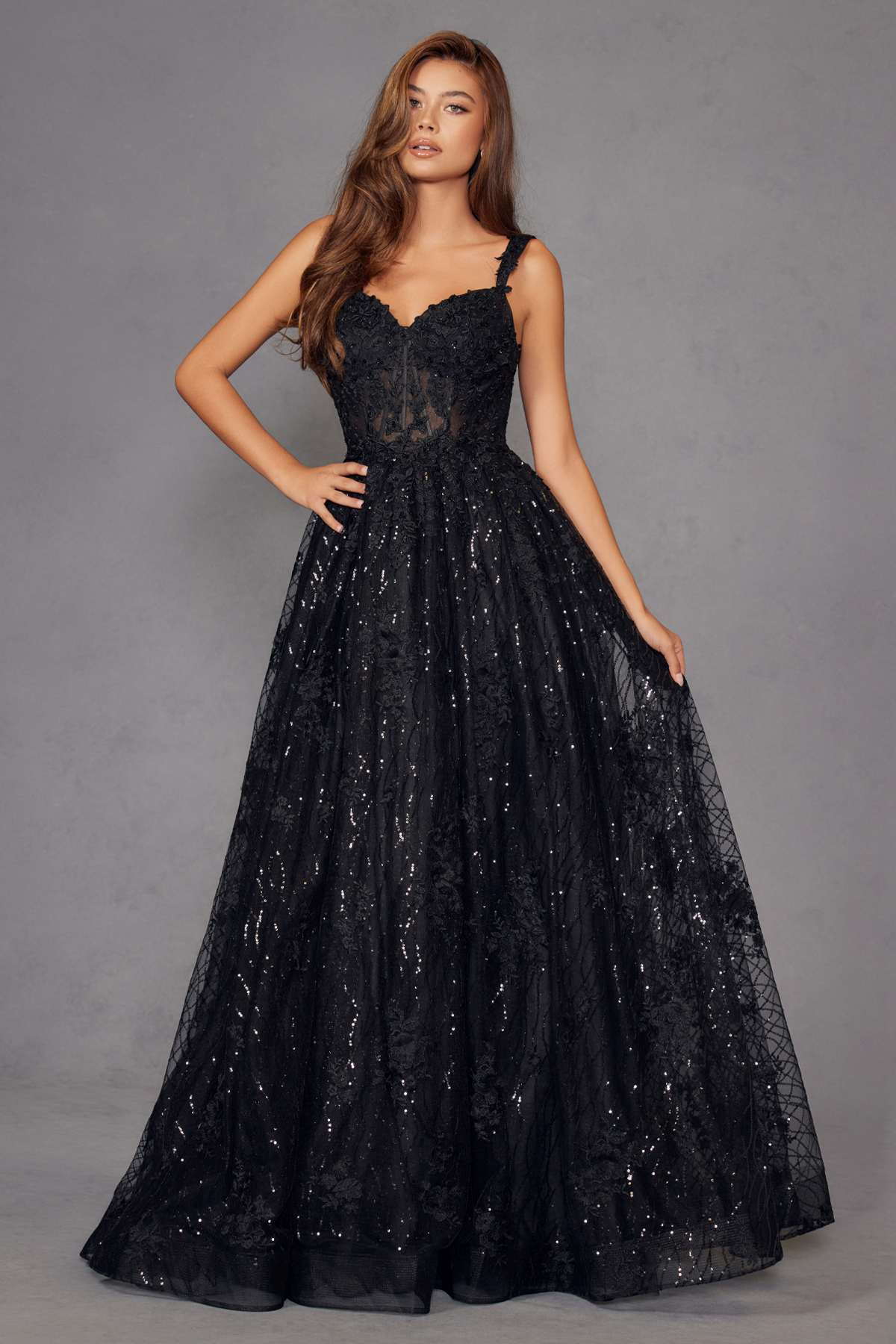 Juliet JT2495A Long A-Line Floral Lace Evening Gown by DiscountDressShop