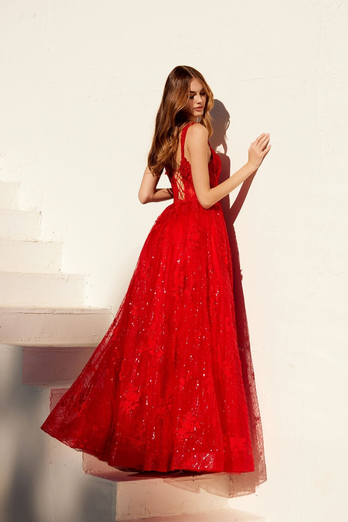 Juliet JT2495A Long A-Line Floral Lace Evening Gown by DiscountDressShop