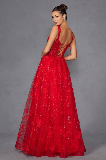 Juliet JT2495A Long A-Line Floral Lace Evening Gown by DiscountDressShop