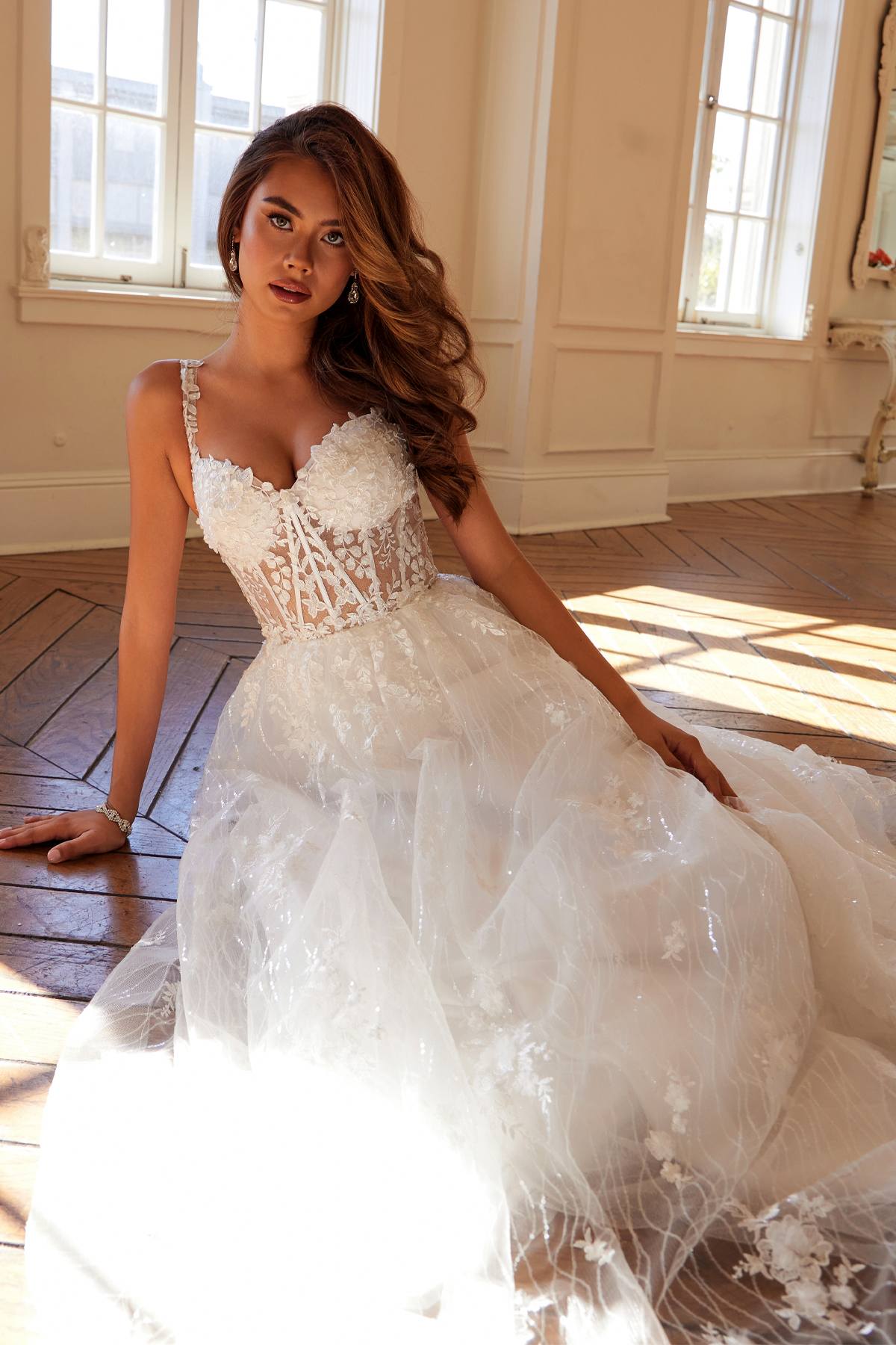 Juliet JT2495AW Long A-Line Floral Lace Bridal Gown by DiscountDressShop