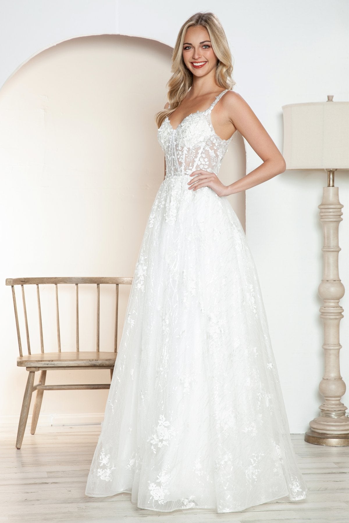 Juliet JT2495AW Long A-Line Floral Lace Bridal Gown by DiscountDressShop