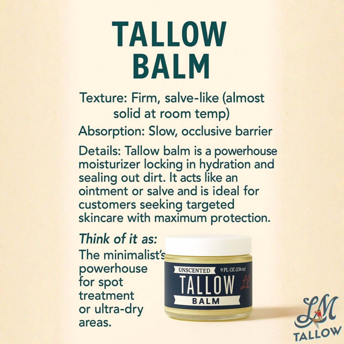 Unscented Tallow Balm | Natural Beef Tallow Vitamin E, Jojoba Moisturizer for Face &amp; Body |Clean, Preservative-Free Skincare by Lady May by The Lady May