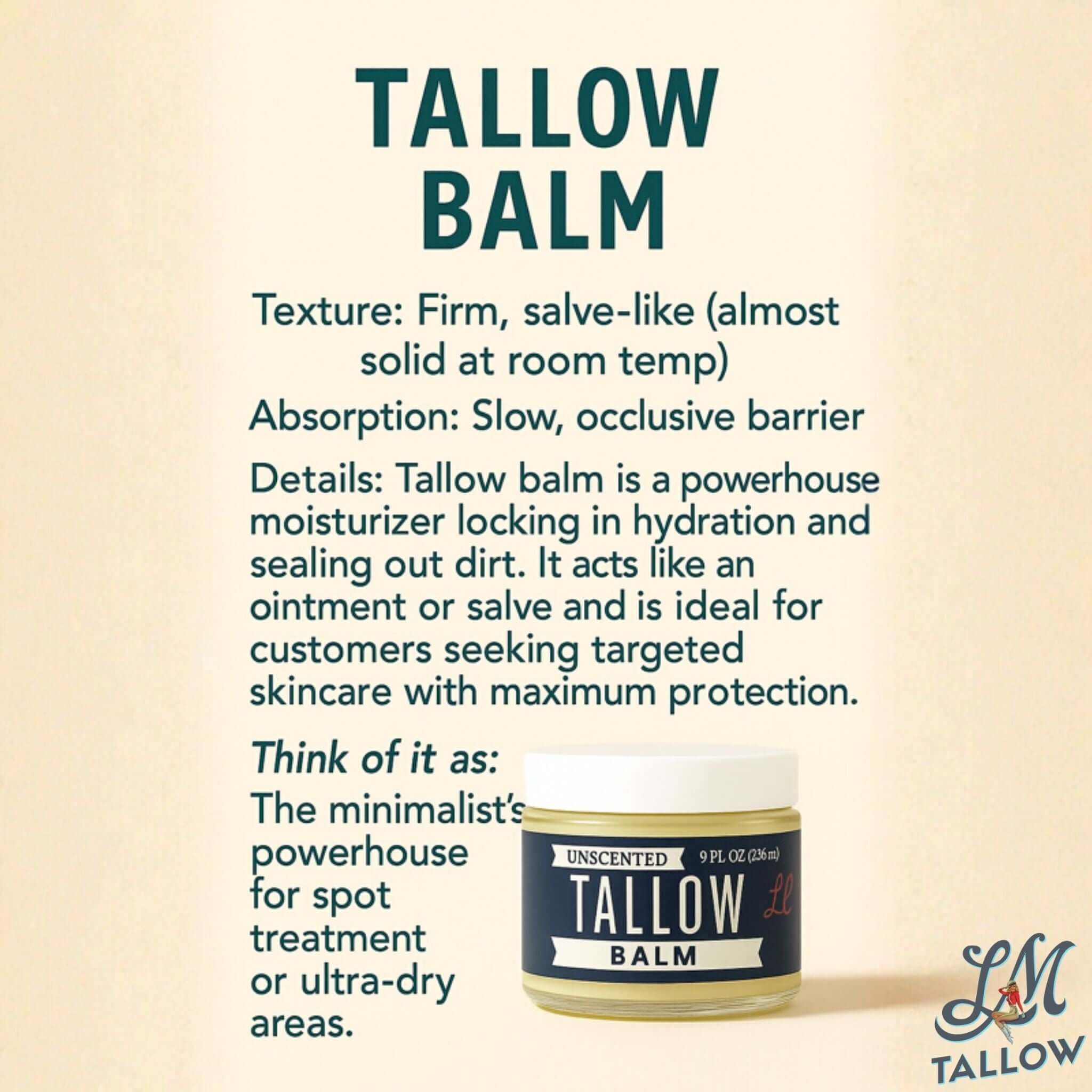 Unscented Tallow Balm | Natural Beef Tallow Vitamin E, Jojoba Moisturizer for Face &amp; Body |Clean, Preservative-Free Skincare by Lady May by The Lady May