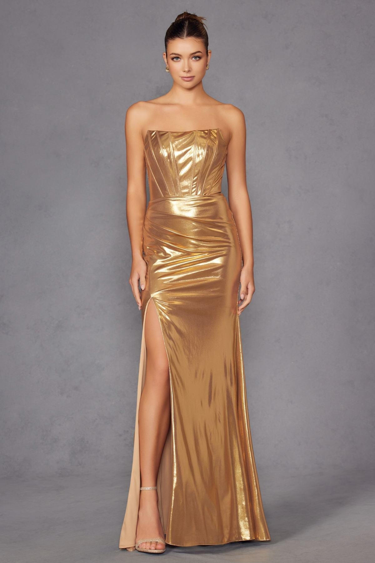 Juliet JT2500A Strapless Fitted Metallic Formal Gown by DiscountDressShop