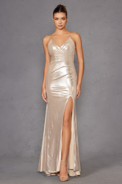 Juliet JT2502A Dress Long Halter Neck Fitted Metallic Gown by DiscountDressShop