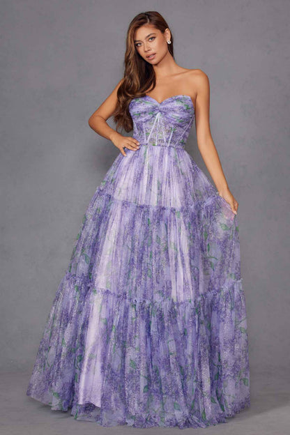 Juliet JT2507A Long Strapless Sweetheart Print Tiered Skirt Gown by DiscountDressShop