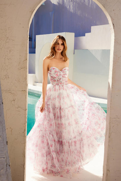 Juliet JT2507A Long Strapless Sweetheart Print Tiered Skirt Gown by DiscountDressShop