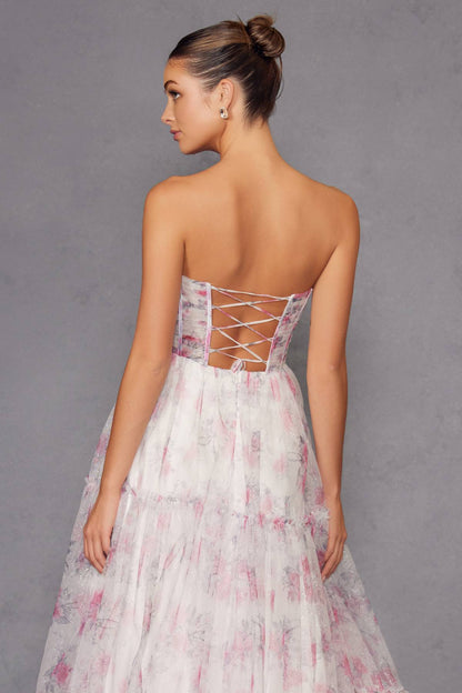 Juliet JT2507A Long Strapless Sweetheart Print Tiered Skirt Gown by DiscountDressShop