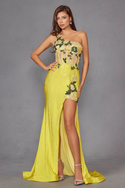 Juliet JT2514R One Shoulder Fitted Floral Applique Evening Gown by DiscountDressShop
