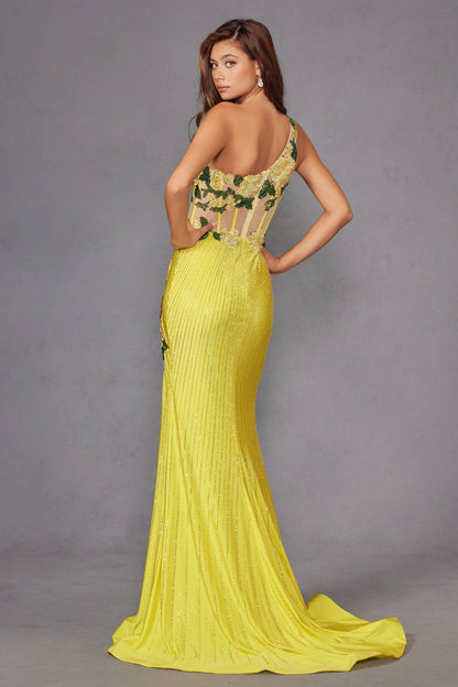 Juliet JT2514R One Shoulder Fitted Floral Applique Evening Gown by DiscountDressShop