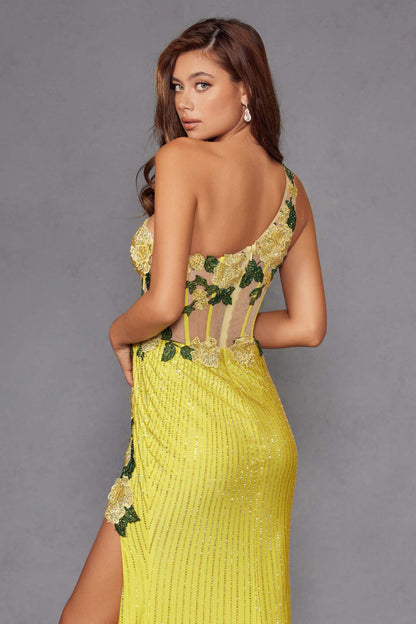 Juliet JT2514R One Shoulder Fitted Floral Applique Evening Gown by DiscountDressShop