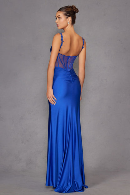 Juliet JT2518i Long Fitted Floral Strap Evening Gown Side Slit by DiscountDressShop