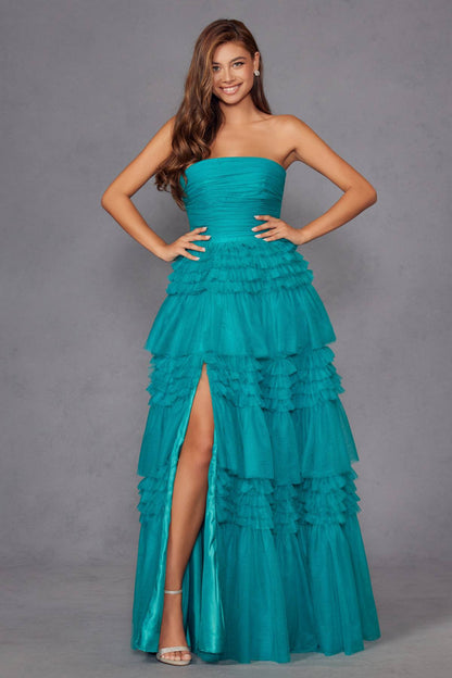 Juliet JT2542S Long Strapless Layered Tulle A-Line Gown by DiscountDressShop