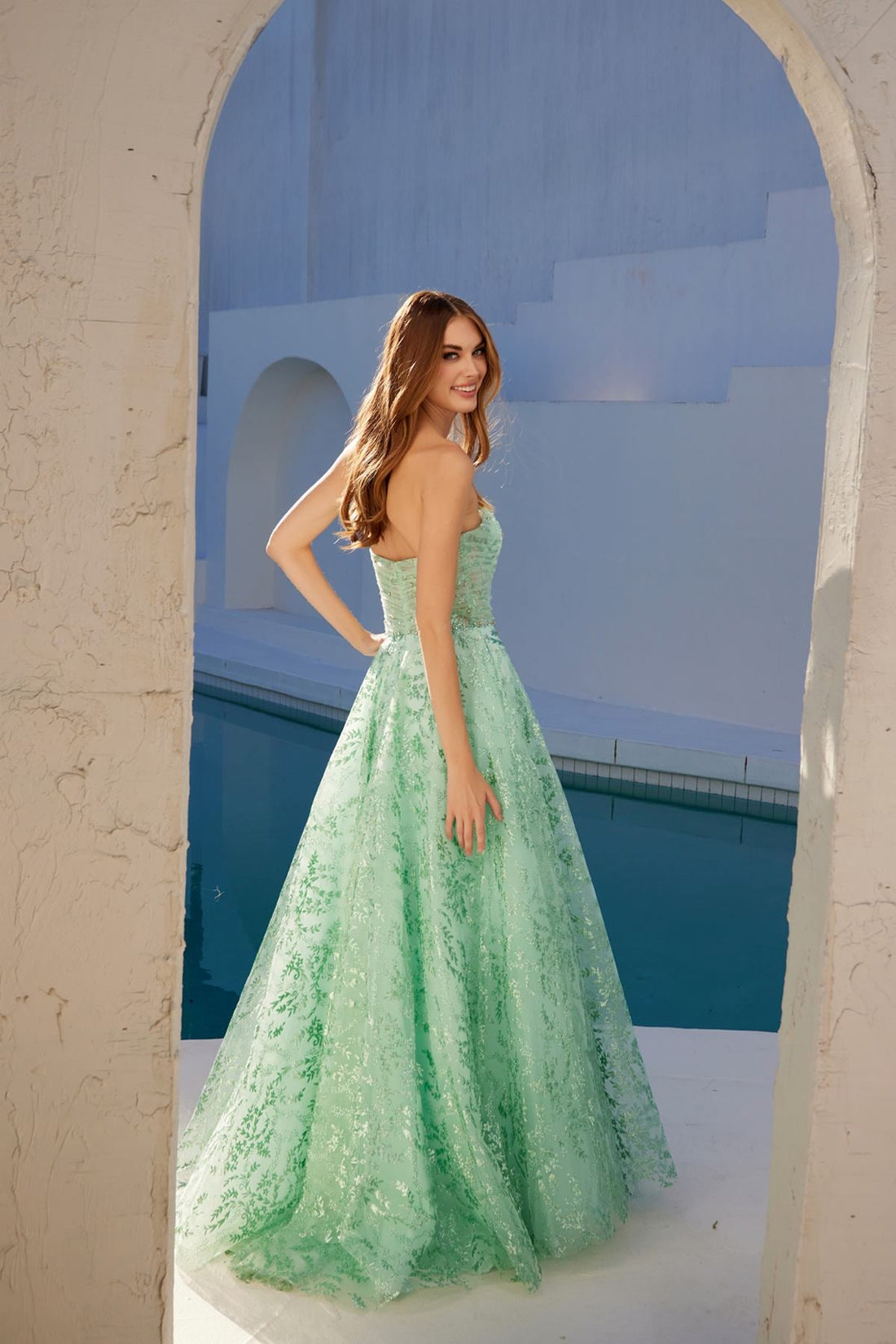 Juliet JT2547S Strapless Sweetheart A-Line Mint Gown by DiscountDressShop
