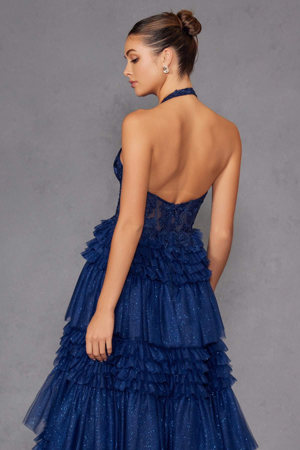 Juliet JT2556S Halter V-Neckline Layered Tulle Slit A-Line Gown by DiscountDressShop