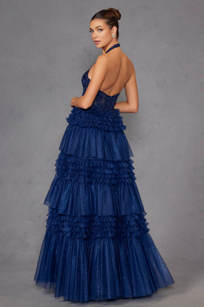 Juliet JT2556S Halter V-Neckline Layered Tulle Slit A-Line Gown by DiscountDressShop