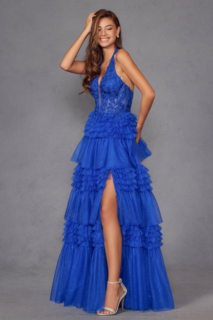 Juliet JT2556S Halter V-Neckline Layered Tulle Slit A-Line Gown by DiscountDressShop