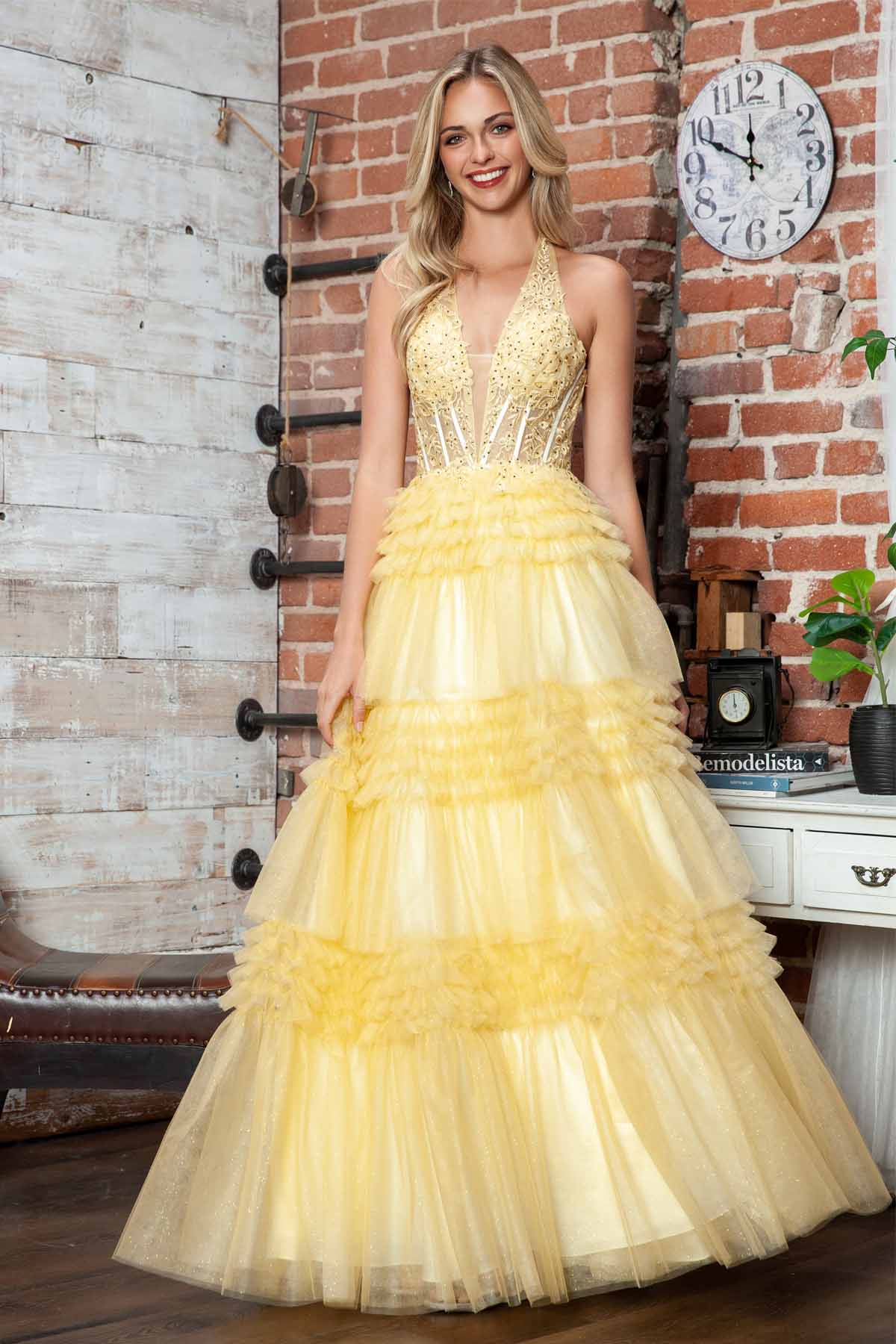 Juliet JT2556S Halter V-Neckline Layered Tulle Slit A-Line Gown by DiscountDressShop