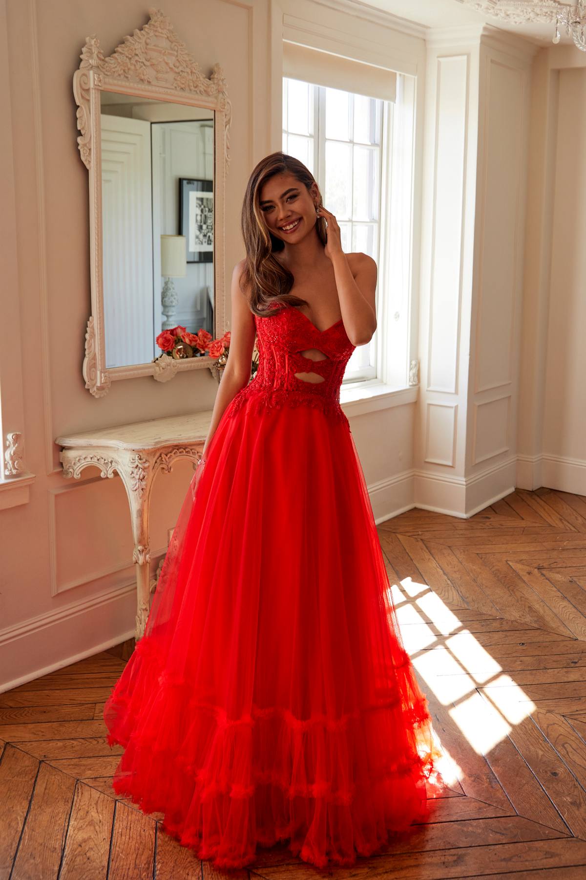 Juliet JT2561S Strapless Sweetheart Keyhole Bodice Tulle A-Line Gown by DiscountDressShop
