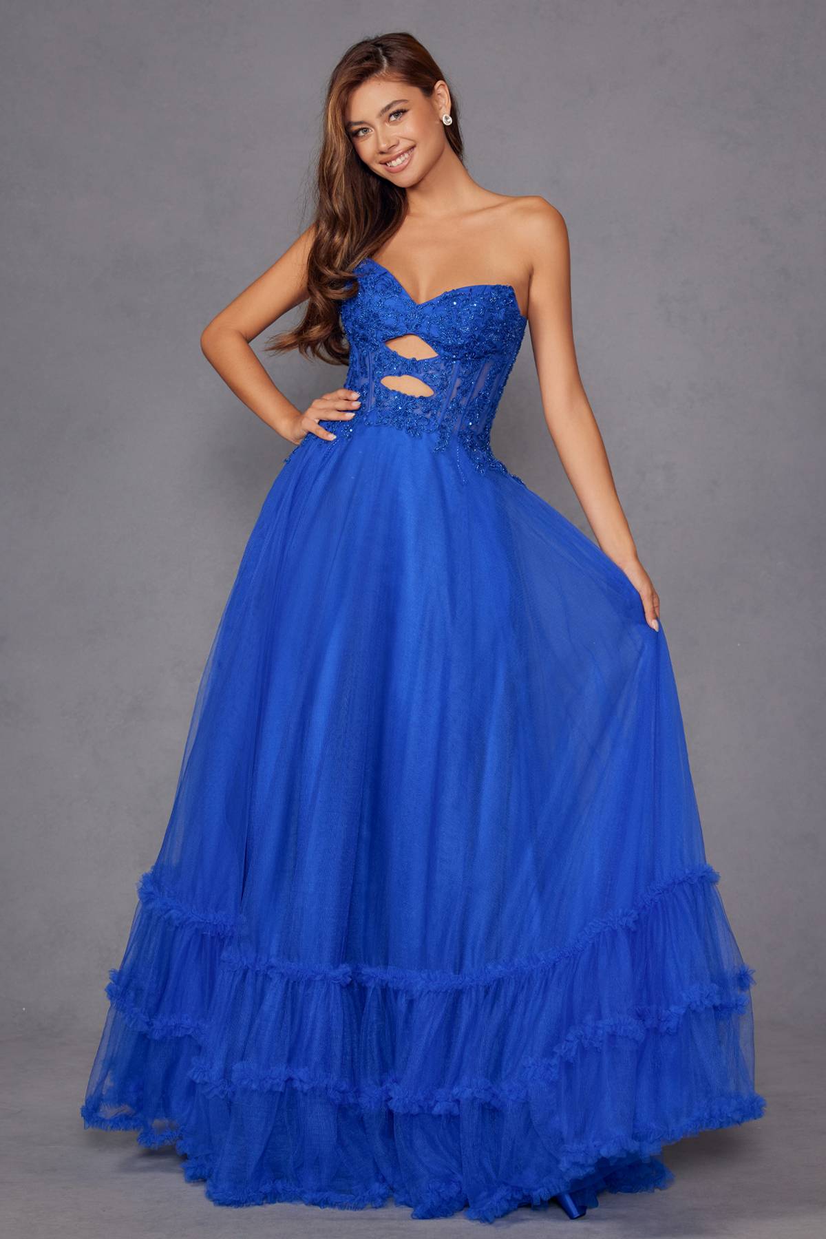 Juliet JT2561S Strapless Sweetheart Keyhole Bodice Tulle A-Line Gown by DiscountDressShop